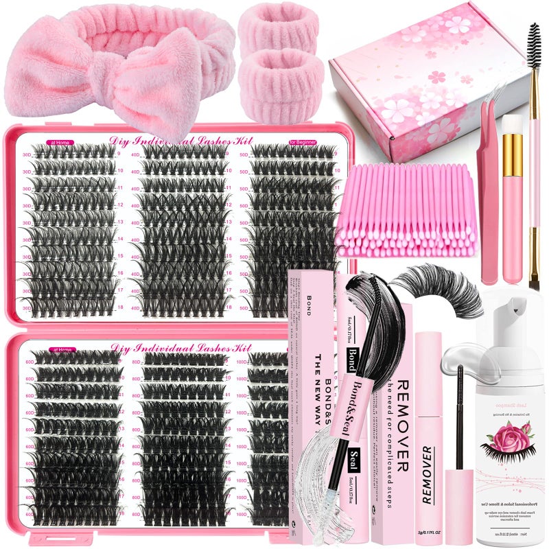 DNSGOOR DIY Lash Extension Kit 590Pcs 918mm D Curl Lashes Clusters with Lash Bond and Seal Glue Remover Lash Shampoo Cleansing Brush Headband Wristband Tweezers Eyelash Brush Applicator